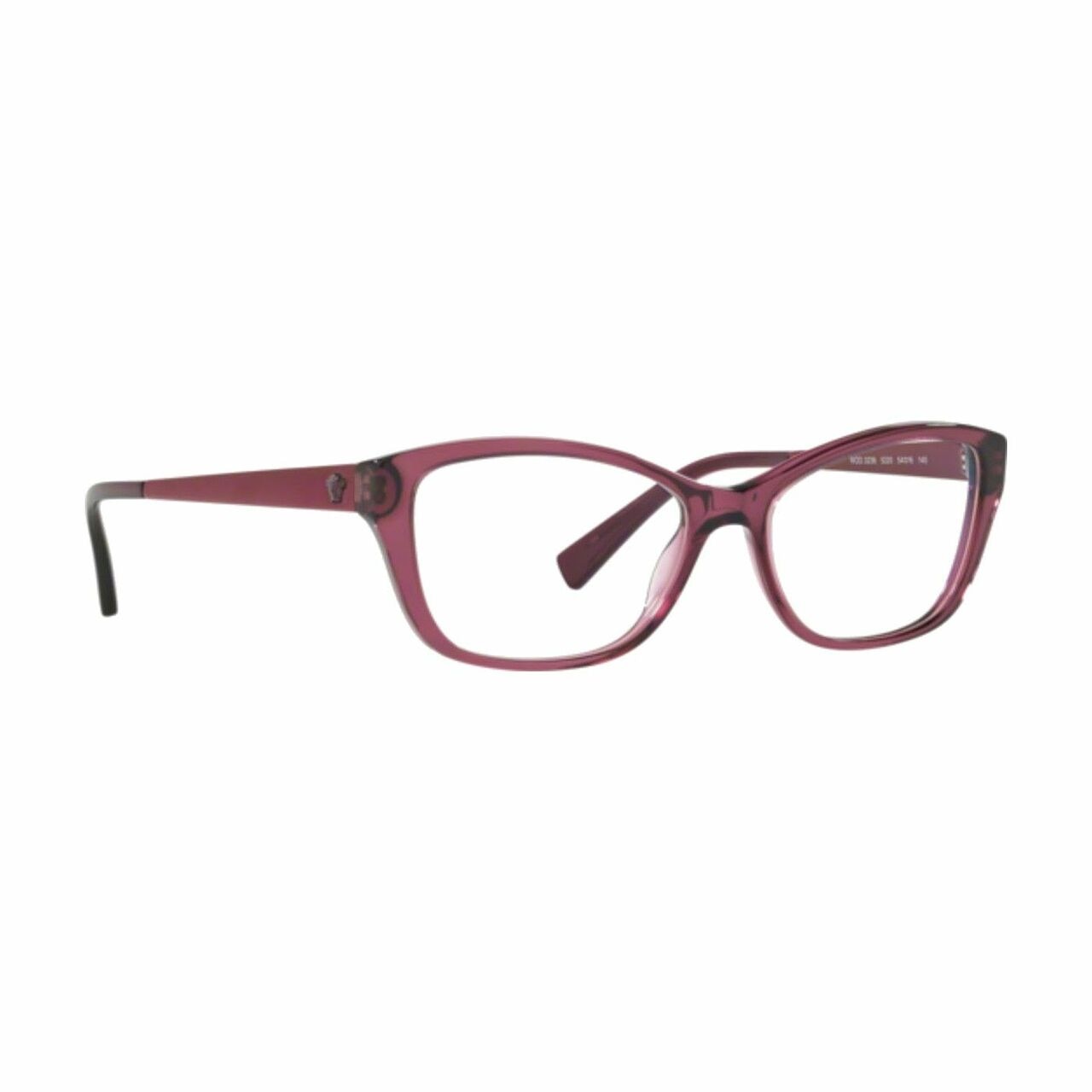 Versace VE3236-5220 Transparent Plum Cat-Eye Women's Plastic Eyeglasses displayed elegantly with a stylish design.